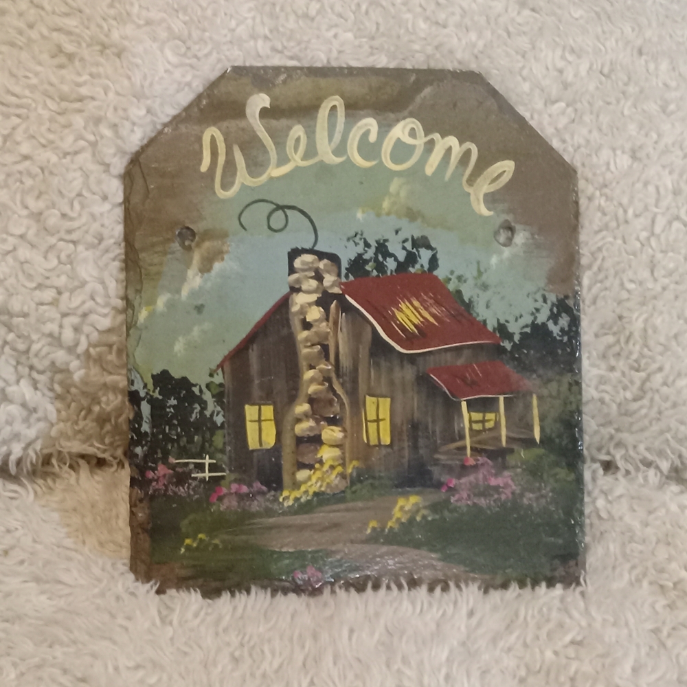 Rustic Welcome Sign with Red Roof